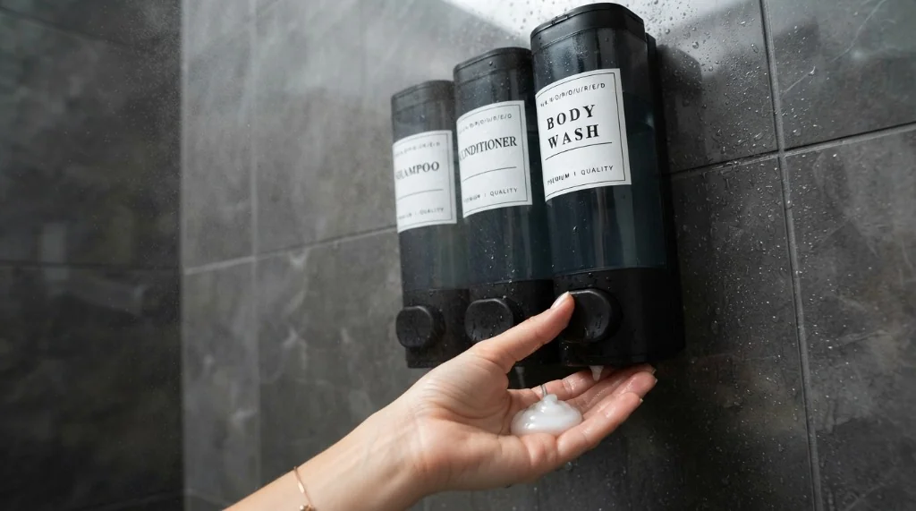 Cabo Deseado dispenser a parete nero 3 scomparti per sapone e shampoo con finestrella trasparente