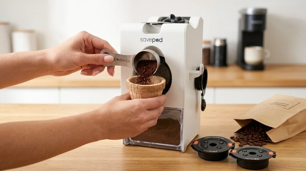 Filtri compostabili Savepod e anello per capsule riutilizzabili con dosatore