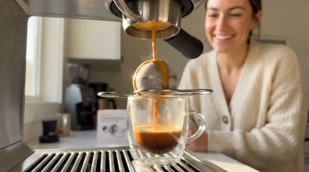 Sfere refrigeranti per espresso in acciaio inox con supporto posizionato sopra una tazza in vetro