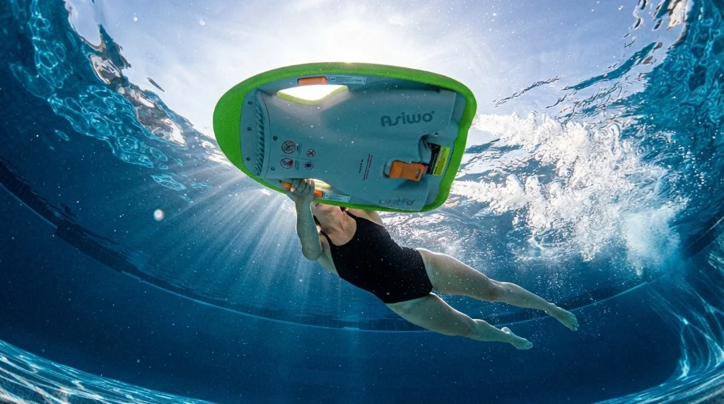Tavoletta elettrica da nuoto Asiwo MAKO verde lime con griglia di sicurezza e impugnature ergonomiche