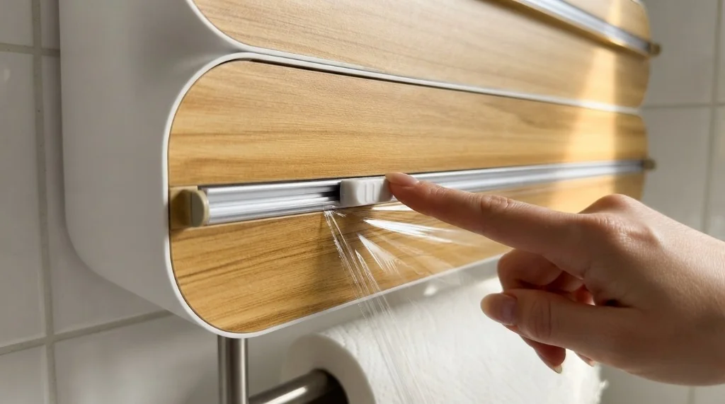 Dispenser magnetico 4 in 1 per pellicola trasparente e carta alluminio con portarotolo sul frigorifero