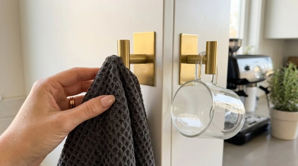 Ganci adesivi e barra portacanovacci in acciaio oro spazzolato applicata su mobile cucina