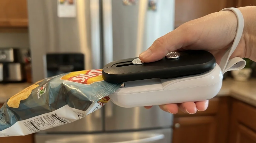 Mini sigillatrice termica portatile con magnete e taglierina agganciata al frigorifero