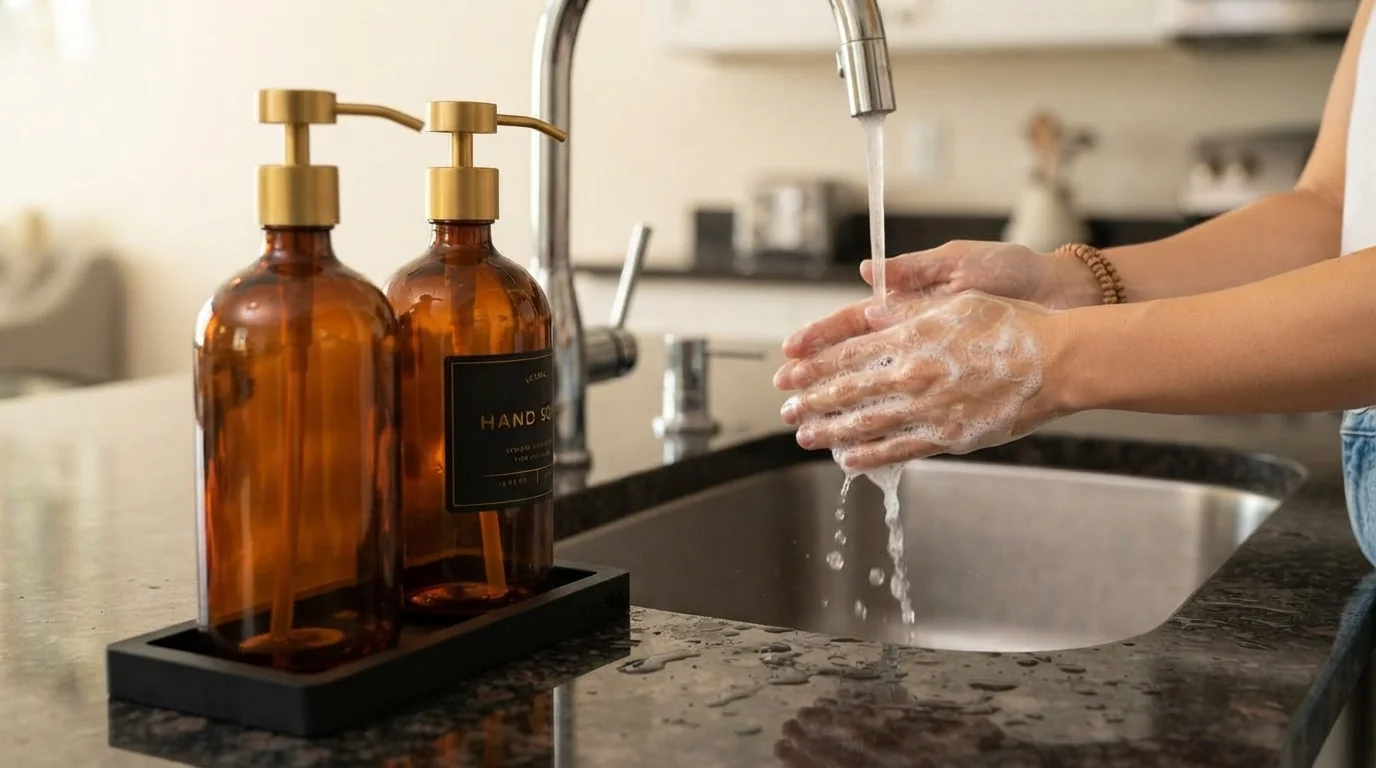 LUSSPA dispenser sapone liquido vetro ambrato pompa oro vassoio silicone
