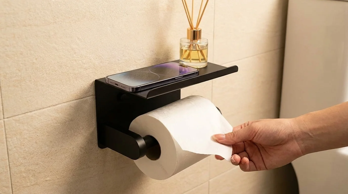 SetSail porta rotolo carta igienica con ripiano acciaio nero opaco bagno